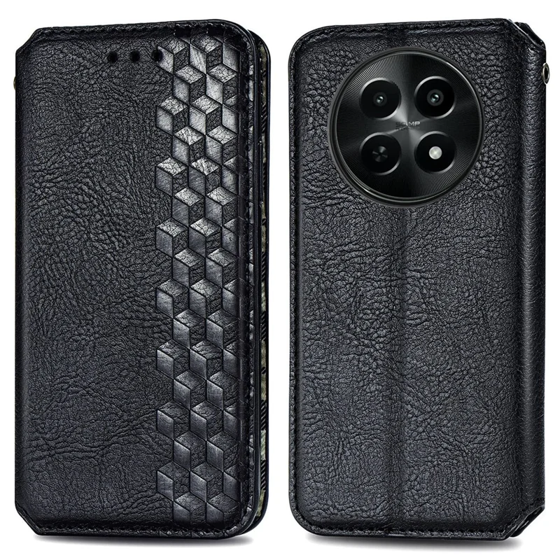 Pour Realme 12 5G Case Wallet Rhombus PU Leather Stand Flip Phone Cover - Noir