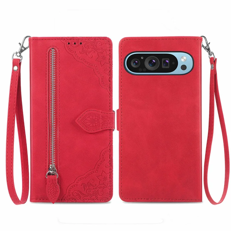 For Google Pixel 10 Pro / Pixel 10 / Pixel 9 Pro / Pixel 9 Zipper Wallet Case with Strap Flower Imprint PU Leather Phone Cover - Red