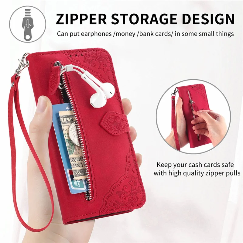 For Google Pixel 10 Pro / Pixel 10 / Pixel 9 Pro / Pixel 9 Zipper Wallet Case with Strap Flower Imprint PU Leather Phone Cover - Red