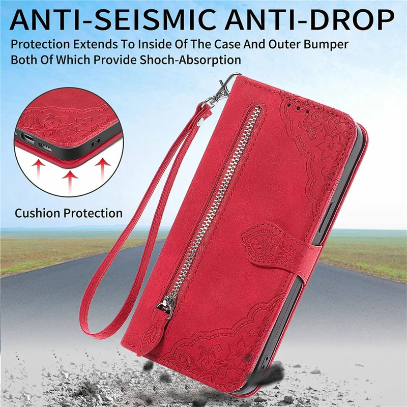 For Google Pixel 10 Pro / Pixel 10 / Pixel 9 Pro / Pixel 9 Zipper Wallet Case with Strap Flower Imprint PU Leather Phone Cover - Red