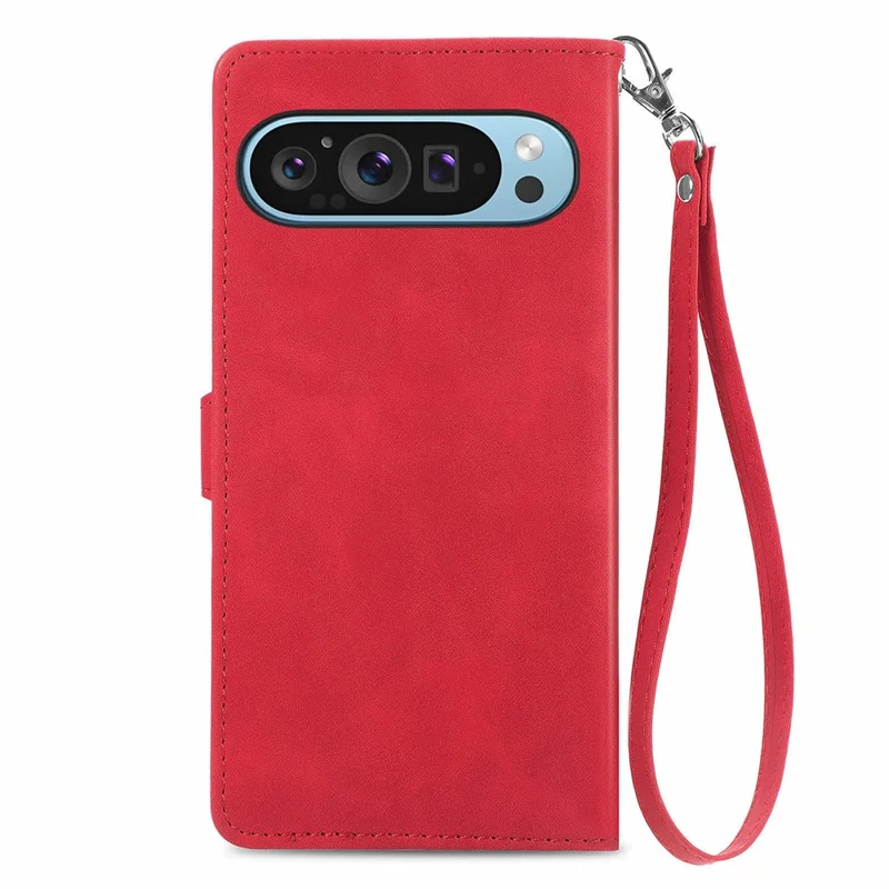 For Google Pixel 10 Pro / Pixel 10 / Pixel 9 Pro / Pixel 9 Zipper Wallet Case with Strap Flower Imprint PU Leather Phone Cover - Red