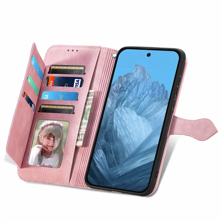 Чехол-кошелек из натуральной кожи для Google Pixel 9 Pro XL с горизонтальной подставкой - розовый