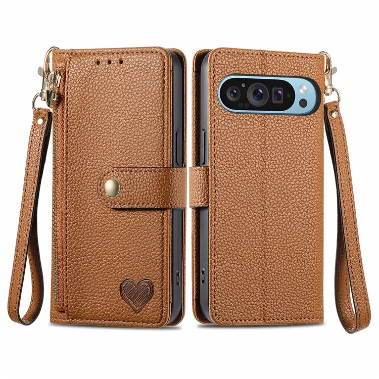 Para Google Pixel 9 Pro XL RFID Blocking Case Zipper Pocket PU Leather Phone Cover - Marrón