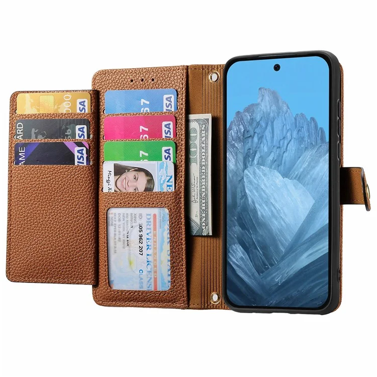 Para Google Pixel 9 Pro XL RFID Blocking Case Zipper Pocket PU Leather Phone Cover - Marrón