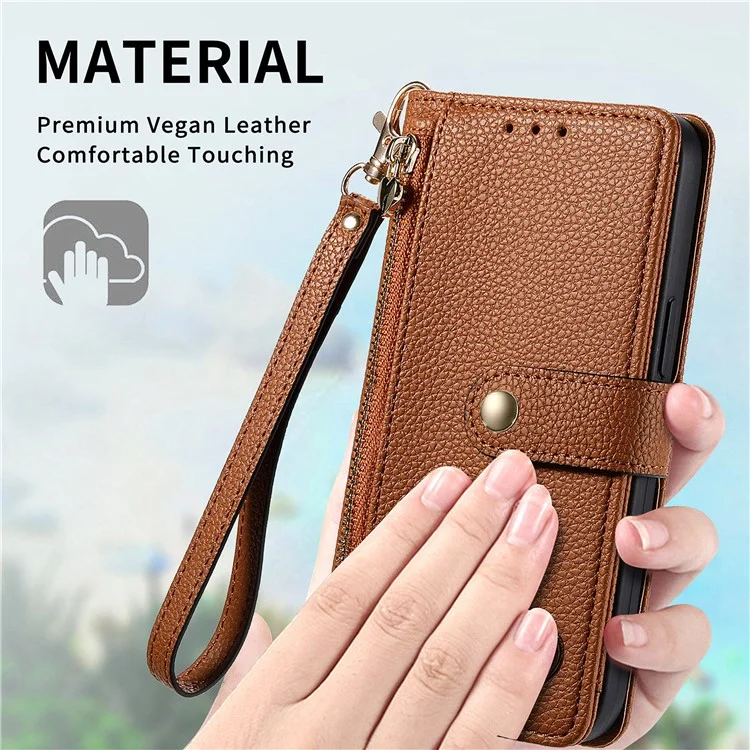 Para Google Pixel 9 Pro XL RFID Blocking Case Zipper Pocket PU Leather Phone Cover - Marrón
