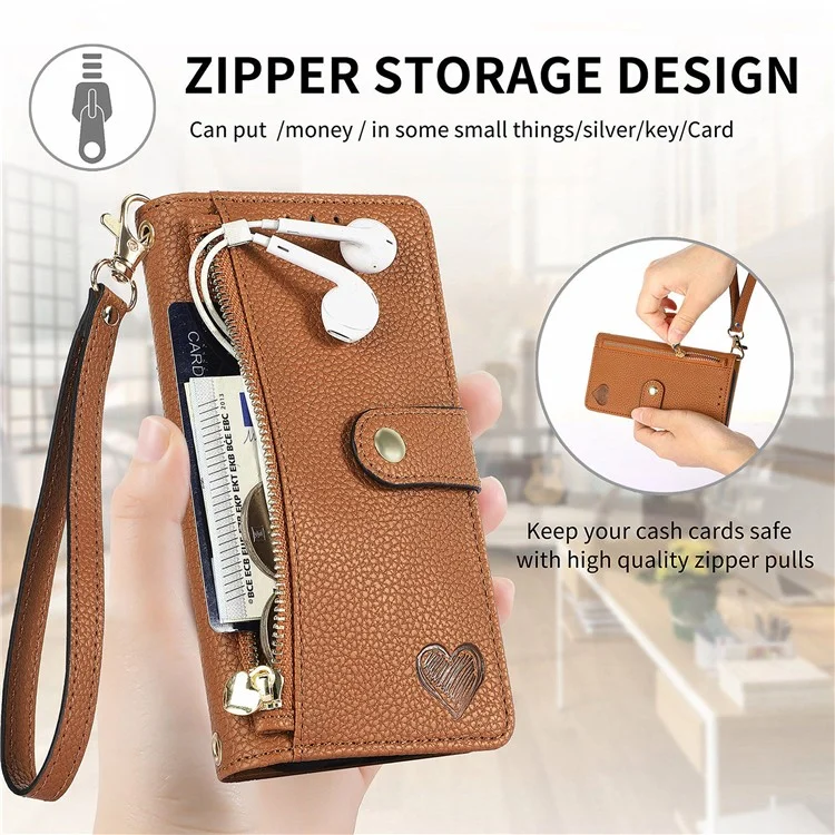 Para Google Pixel 9 Pro XL RFID Blocking Case Zipper Pocket PU Leather Phone Cover - Marrón