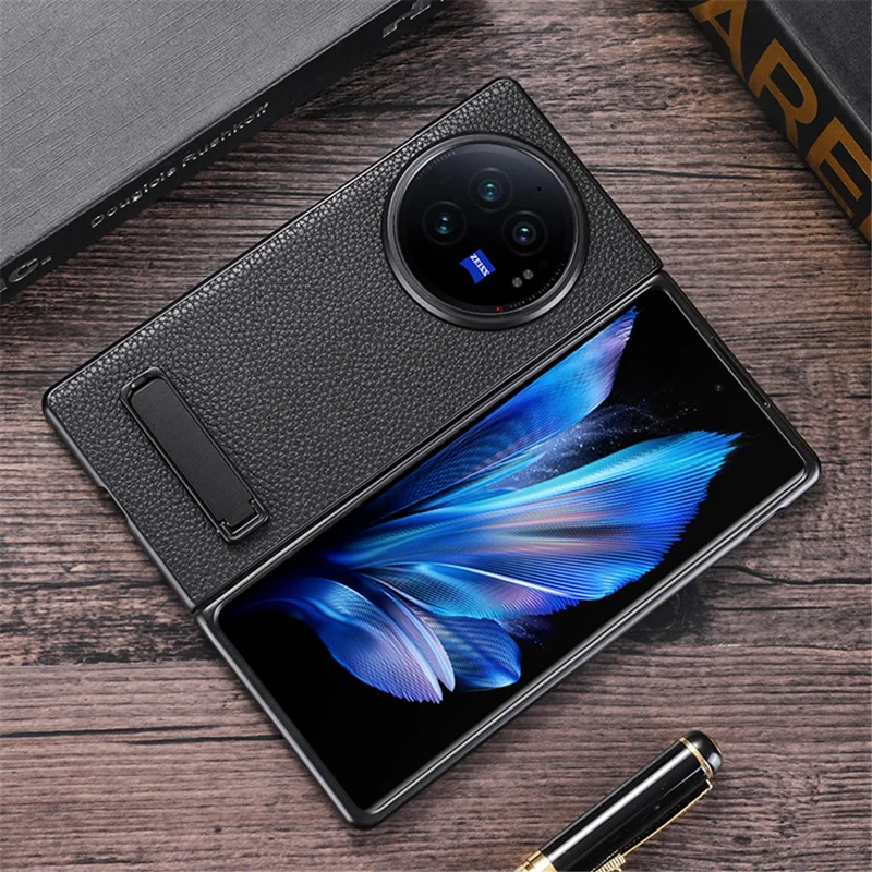 For vivo X Fold3 Phone Cover PC+PU Leather Hidden Kickstand Back Case - Black