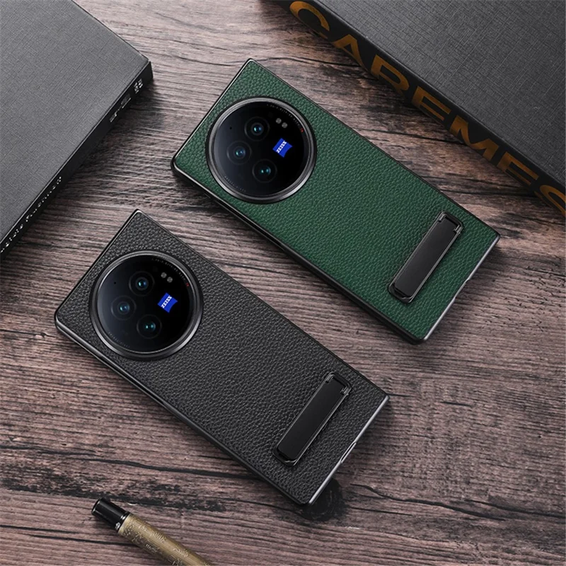 For vivo X Fold3 Phone Cover PC+PU Leather Hidden Kickstand Back Case - Black