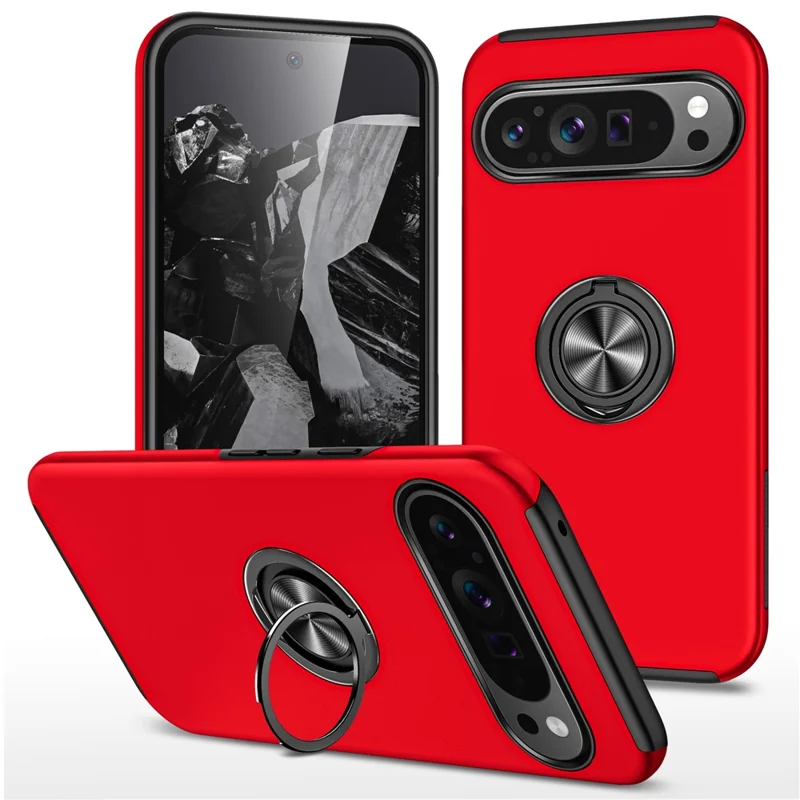 Achterhoes voor Google Pixel 9 Pro XL met Stand Kickstand PC+TPU Schokabsorberende Telefoonhoes - Rood