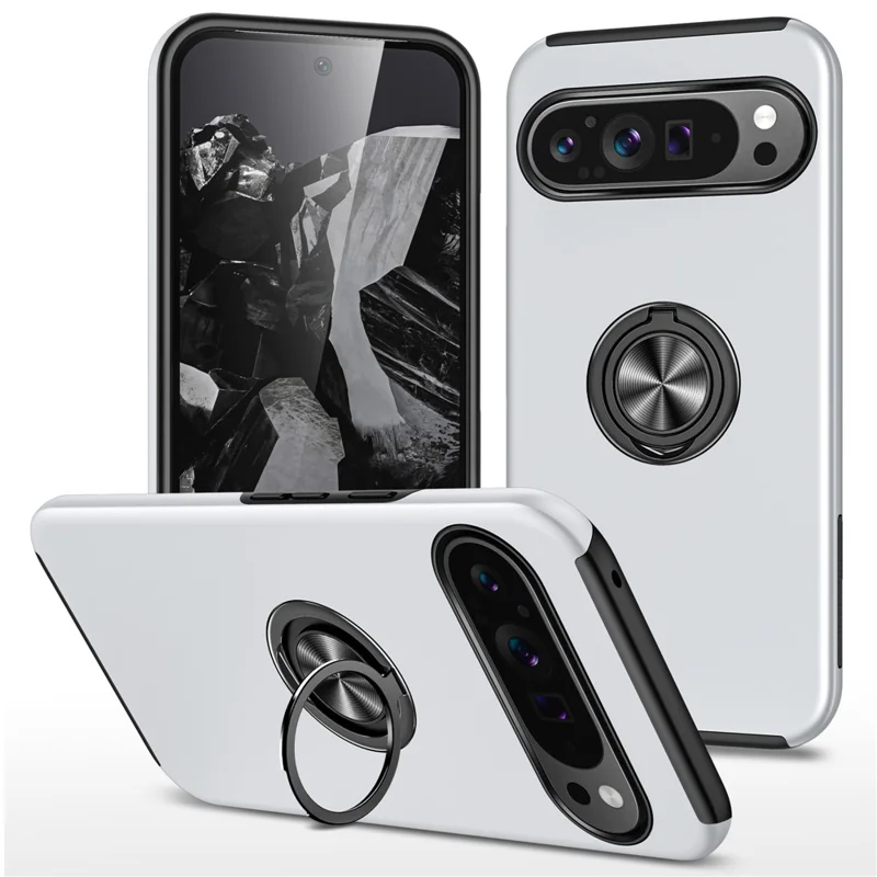 Achterhoes voor Google Pixel 9 Pro XL met Stand Kickstand PC+TPU Schokabsorberende Telefoonhoes - Zilver