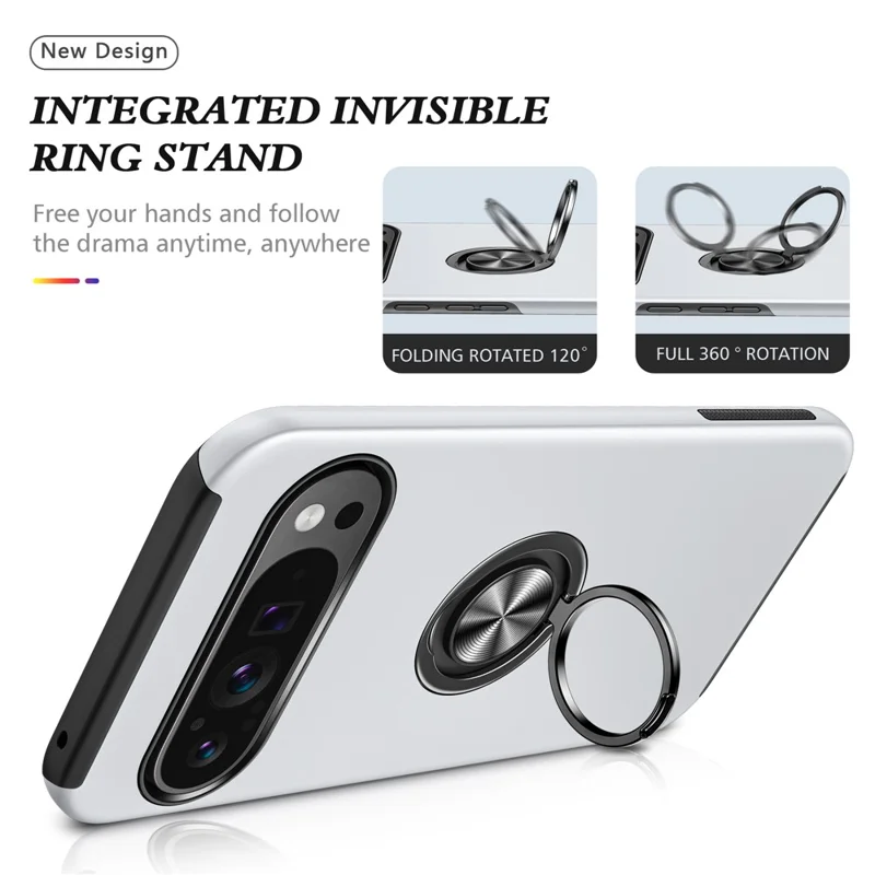 Achterhoes voor Google Pixel 9 Pro XL met Stand Kickstand PC+TPU Schokabsorberende Telefoonhoes - Zilver