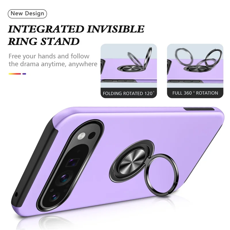 For Google Pixel 9 / Pixel 9 Pro Case Anti-Scratch PC+TPU Protective Cover with Rotary Kickstand - Purple