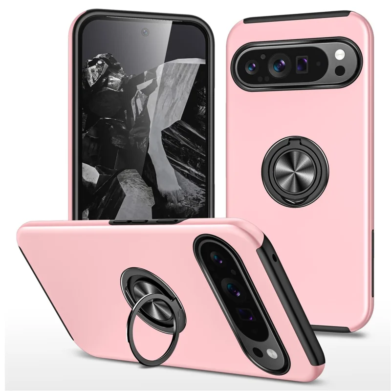 For Google Pixel 9 / Pixel 9 Pro Case Anti-Scratch PC+TPU Protective Cover with Rotary Kickstand - Rose Gold