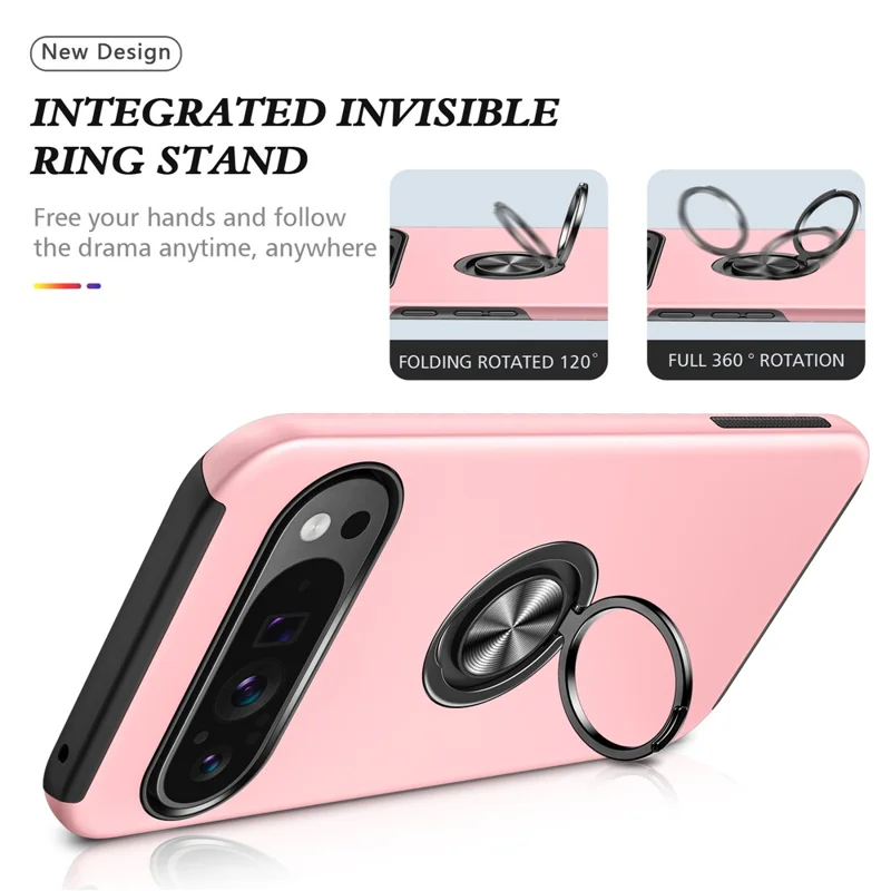 For Google Pixel 9 / Pixel 9 Pro Case Anti-Scratch PC+TPU Protective Cover with Rotary Kickstand - Rose Gold