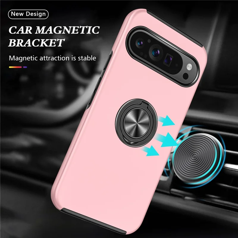 For Google Pixel 9 / Pixel 9 Pro Case Anti-Scratch PC+TPU Protective Cover with Rotary Kickstand - Rose Gold