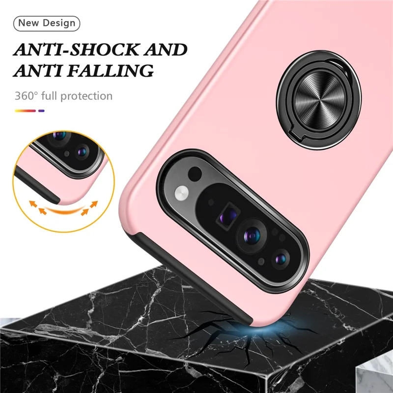 For Google Pixel 9 / Pixel 9 Pro Case Anti-Scratch PC+TPU Protective Cover with Rotary Kickstand - Rose Gold