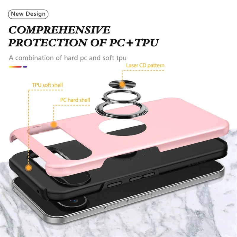 For Google Pixel 9 / Pixel 9 Pro Case Anti-Scratch PC+TPU Protective Cover with Rotary Kickstand - Rose Gold