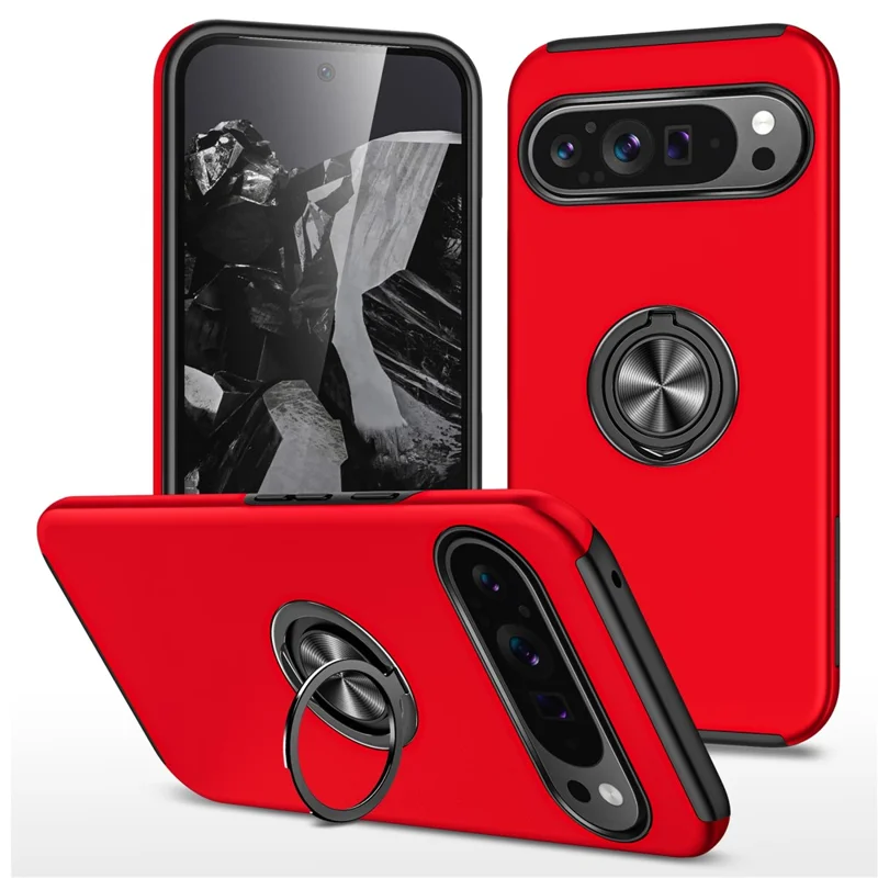 For Google Pixel 9 / Pixel 9 Pro Case Anti-Scratch PC+TPU Protective Cover with Rotary Kickstand - Red