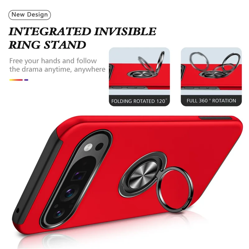 For Google Pixel 9 / Pixel 9 Pro Case Anti-Scratch PC+TPU Protective Cover with Rotary Kickstand - Red