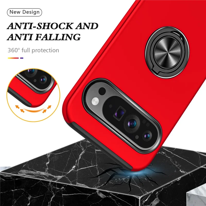 For Google Pixel 9 / Pixel 9 Pro Case Anti-Scratch PC+TPU Protective Cover with Rotary Kickstand - Red