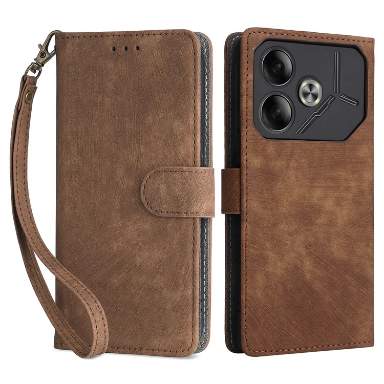 Para TECNO Pova 6 4G Capa com Alça de Pulso Bloqueio RFID Suporte Capa de Telefone - Marrom