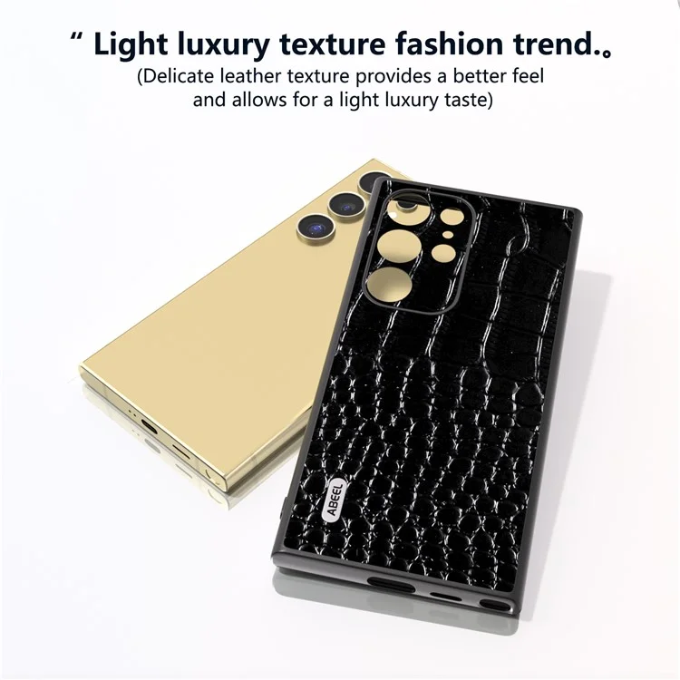 ABEEL Для Samsung Galaxy S24 Ultra Case Кожа крокодила Натуральная кожа коровы + пластик + поликарбонат Противоударный чехол для телефона - Черный