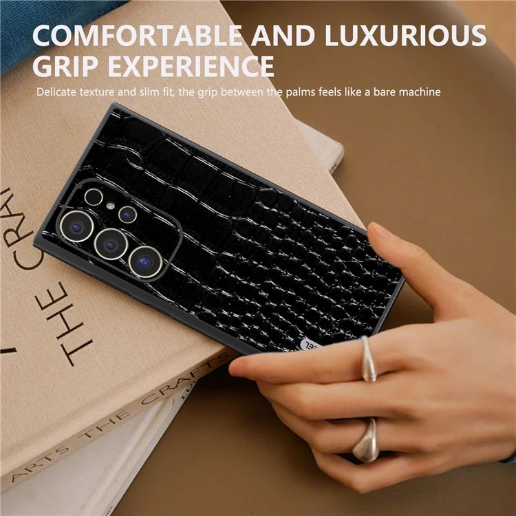 ABEEL Для Samsung Galaxy S24 Ultra Case Кожа крокодила Натуральная кожа коровы + пластик + поликарбонат Противоударный чехол для телефона - Черный