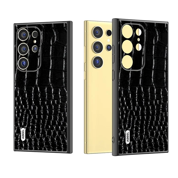 ABEEL Для Samsung Galaxy S24 Ultra Case Кожа крокодила Натуральная кожа коровы + пластик + поликарбонат Противоударный чехол для телефона - Черный