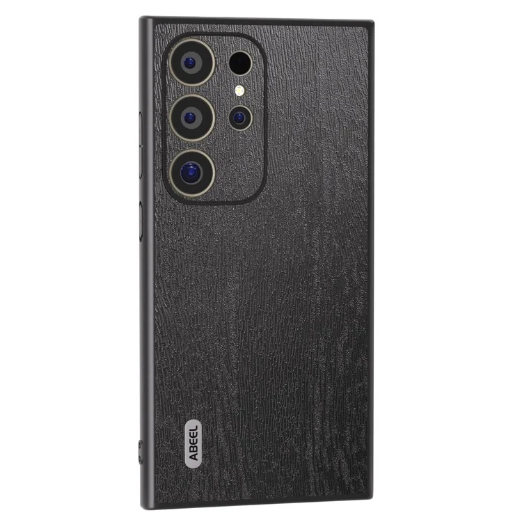 ABEEL para Samsung Galaxy S24 Ultra Case Textura de Madeira Revestido de Couro PC+TPU Híbrido Cover - Preto