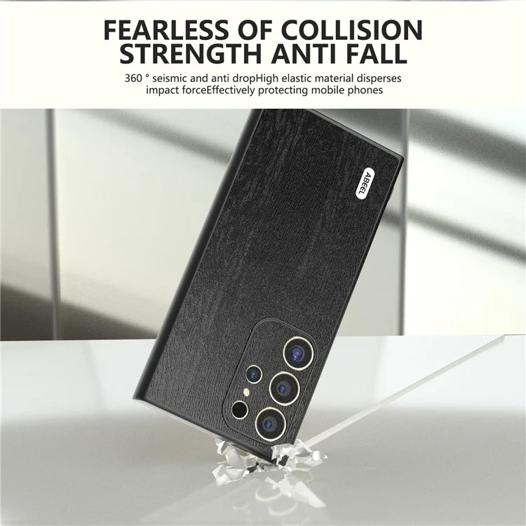 ABEEL para Samsung Galaxy S24 Ultra Case Textura de Madeira Revestido de Couro PC+TPU Híbrido Cover - Preto
