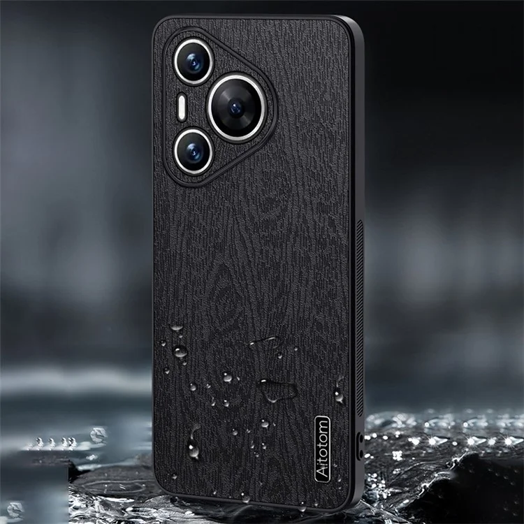 Para Huawei Pura 70 Funda Textura de Madera PU Cuero + PC + TPU Funda Delgada Protectora - Negro