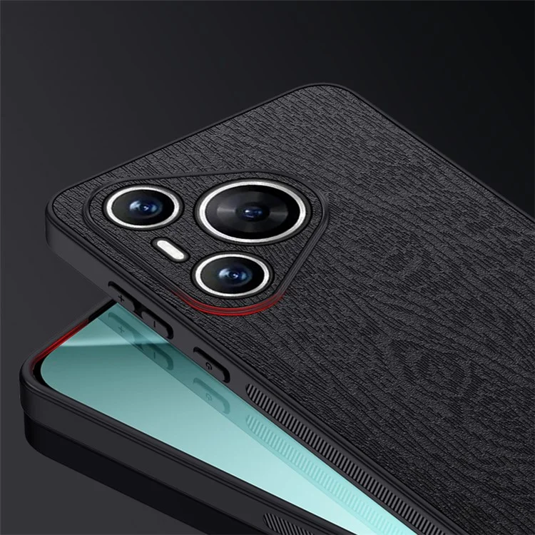 Para Huawei Pura 70 Funda Textura de Madera PU Cuero + PC + TPU Funda Delgada Protectora - Negro