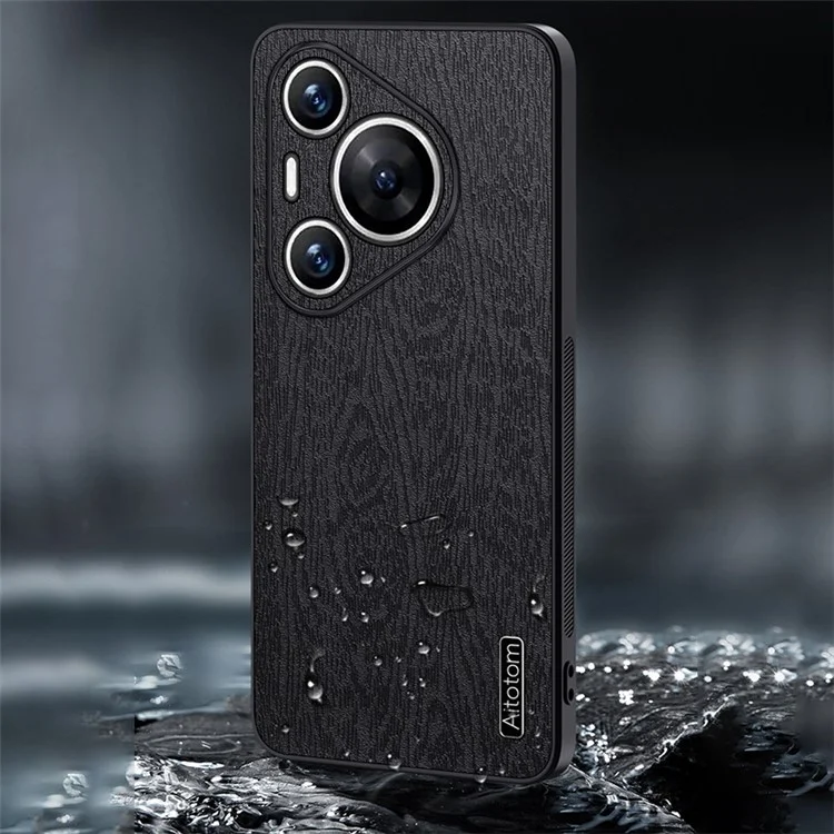 Für Huawei Pura 70 Pro / Pura 70 Pro+ Anti-Kratzer-Gehäuse mit Holzoptik PU-Leder+PC+TPU Handyhülle - Schwarz