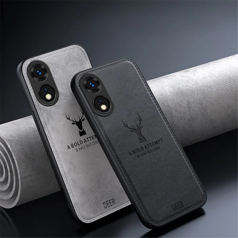 Pour Oppo A78 4G, étui à motif cerf, texture en tissu, cuir + PC + TPU, protection hybride pour téléphone - Gris