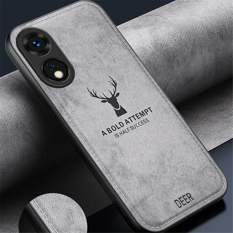 Pour Oppo A78 4G, étui à motif cerf, texture en tissu, cuir + PC + TPU, protection hybride pour téléphone - Gris