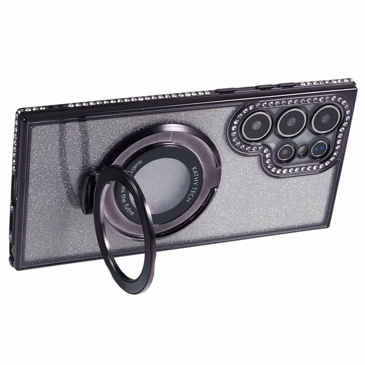 For Samsung Galaxy S24 Ultra Case TPU Rhinestones Decor Gradient Glitter Kickstand Phone Cover - Black