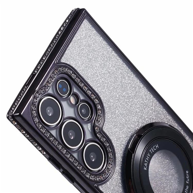 For Samsung Galaxy S24 Ultra Case TPU Rhinestones Decor Gradient Glitter Kickstand Phone Cover - Black
