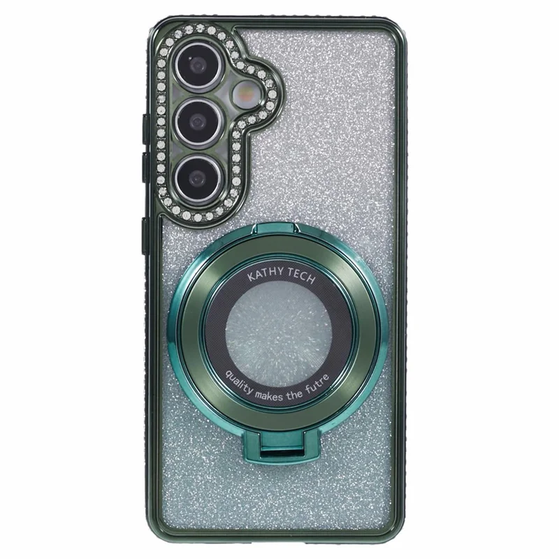For Samsung Galaxy S24+ Case Rhinestone Lens Frame Gradient Soft TPU Phone Cover with Kickstand - Midnight Green