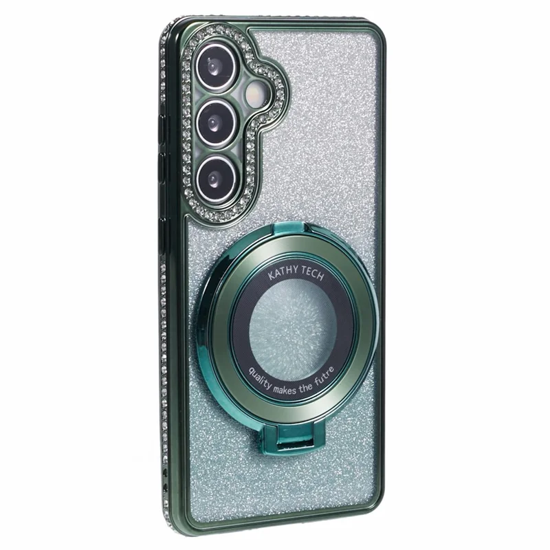 For Samsung Galaxy S24+ Case Rhinestone Lens Frame Gradient Soft TPU Phone Cover with Kickstand - Midnight Green