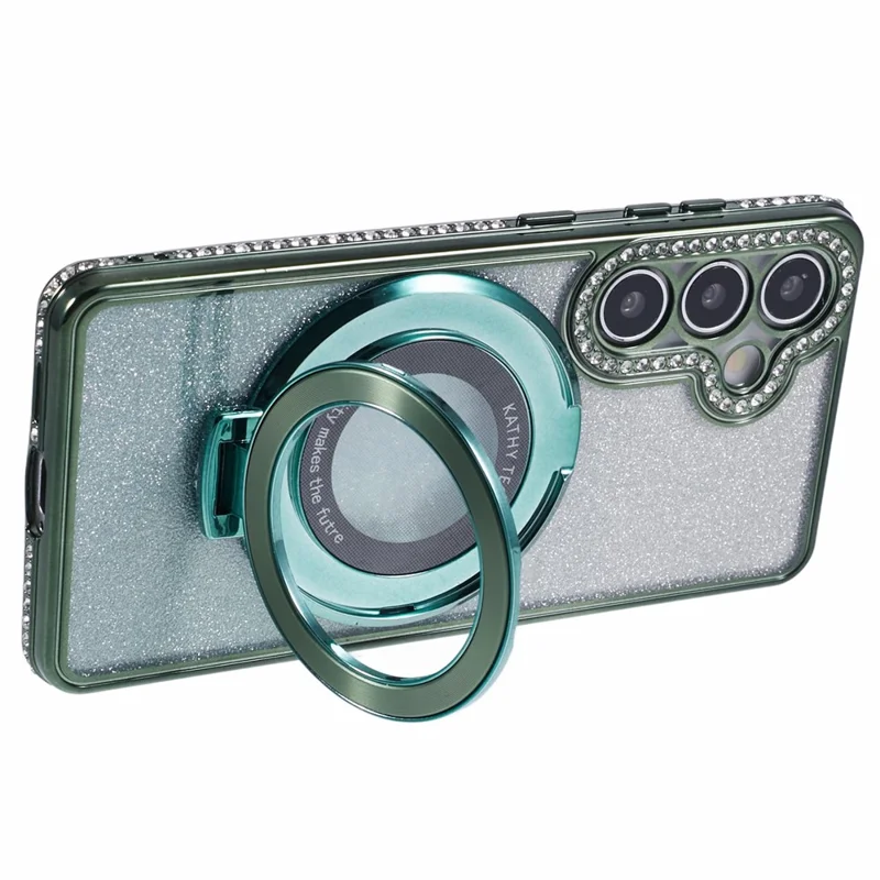 For Samsung Galaxy S24+ Case Rhinestone Lens Frame Gradient Soft TPU Phone Cover with Kickstand - Midnight Green