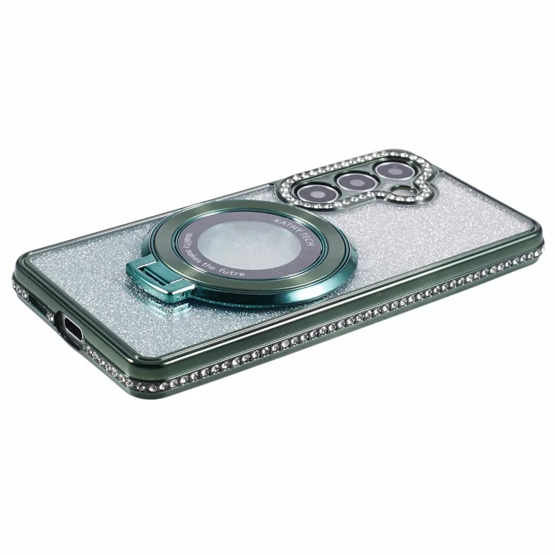 For Samsung Galaxy S24+ Case Rhinestone Lens Frame Gradient Soft TPU Phone Cover with Kickstand - Midnight Green