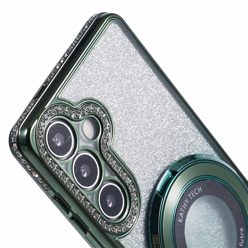 For Samsung Galaxy S24+ Case Rhinestone Lens Frame Gradient Soft TPU Phone Cover with Kickstand - Midnight Green