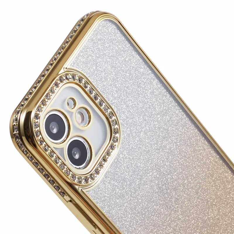Voor iPhone 12 Hoesje Krasvrij TPU Strass Decor Gradiënt Telefoonhoes - Goud