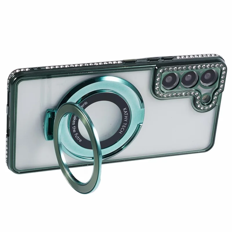 For Samsung Galaxy S22+ 5G Case Kickstand Soft TPU Back Cover Rhinestone Decor - Midnight Green