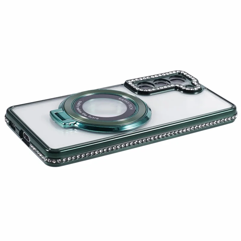 For Samsung Galaxy S22+ 5G Case Kickstand Soft TPU Back Cover Rhinestone Decor - Midnight Green