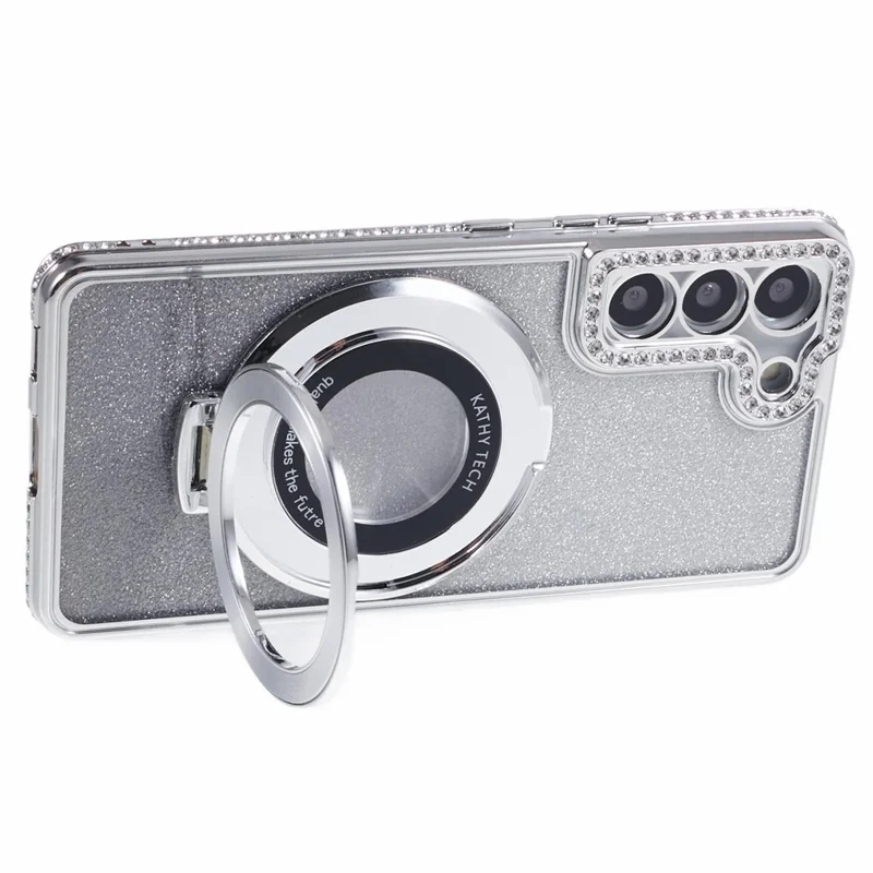 For Samsung Galaxy S22+ 5G Kickstand Case Rhinestone Decor Gradient TPU Phone Cover - Silver