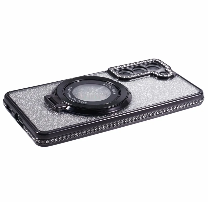 For Samsung Galaxy S22+ 5G Kickstand Case Rhinestone Decor Gradient TPU Phone Cover - Black