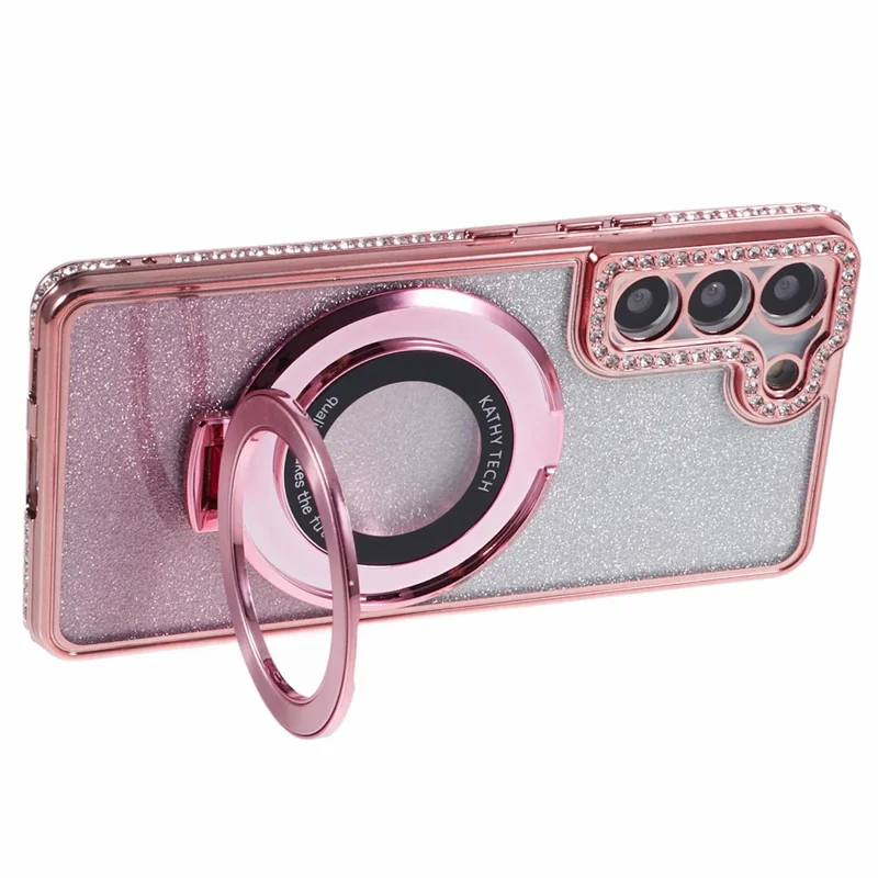 For Samsung Galaxy S22+ 5G Kickstand Case Rhinestone Decor Gradient TPU Phone Cover - Rose Gold
