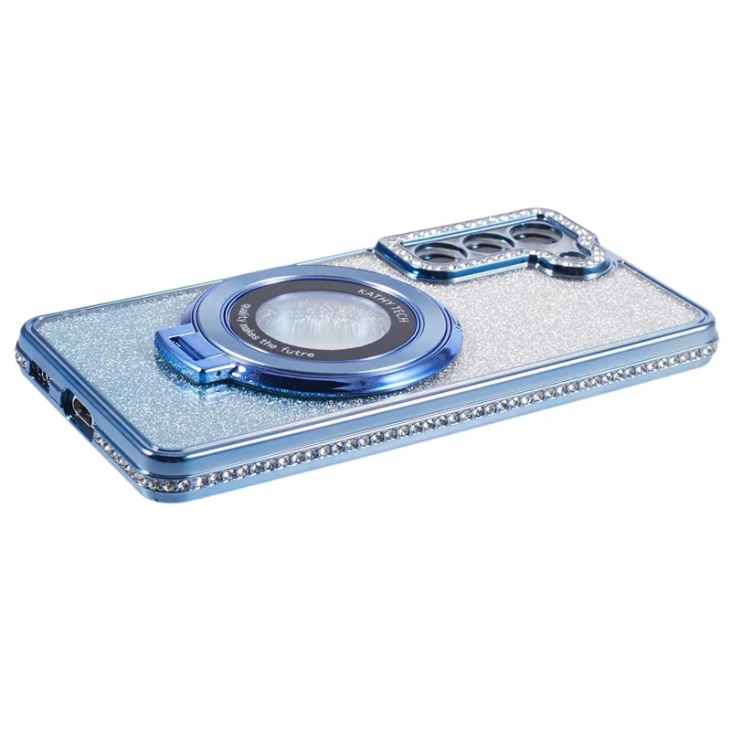 For Samsung Galaxy S22+ 5G Kickstand Case Rhinestone Decor Gradient TPU Phone Cover - Blue