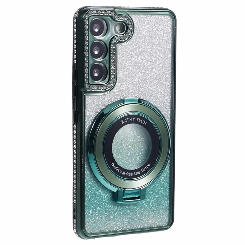 For Samsung Galaxy S22+ 5G Kickstand Case Rhinestone Decor Gradient TPU Phone Cover - Midnight Green